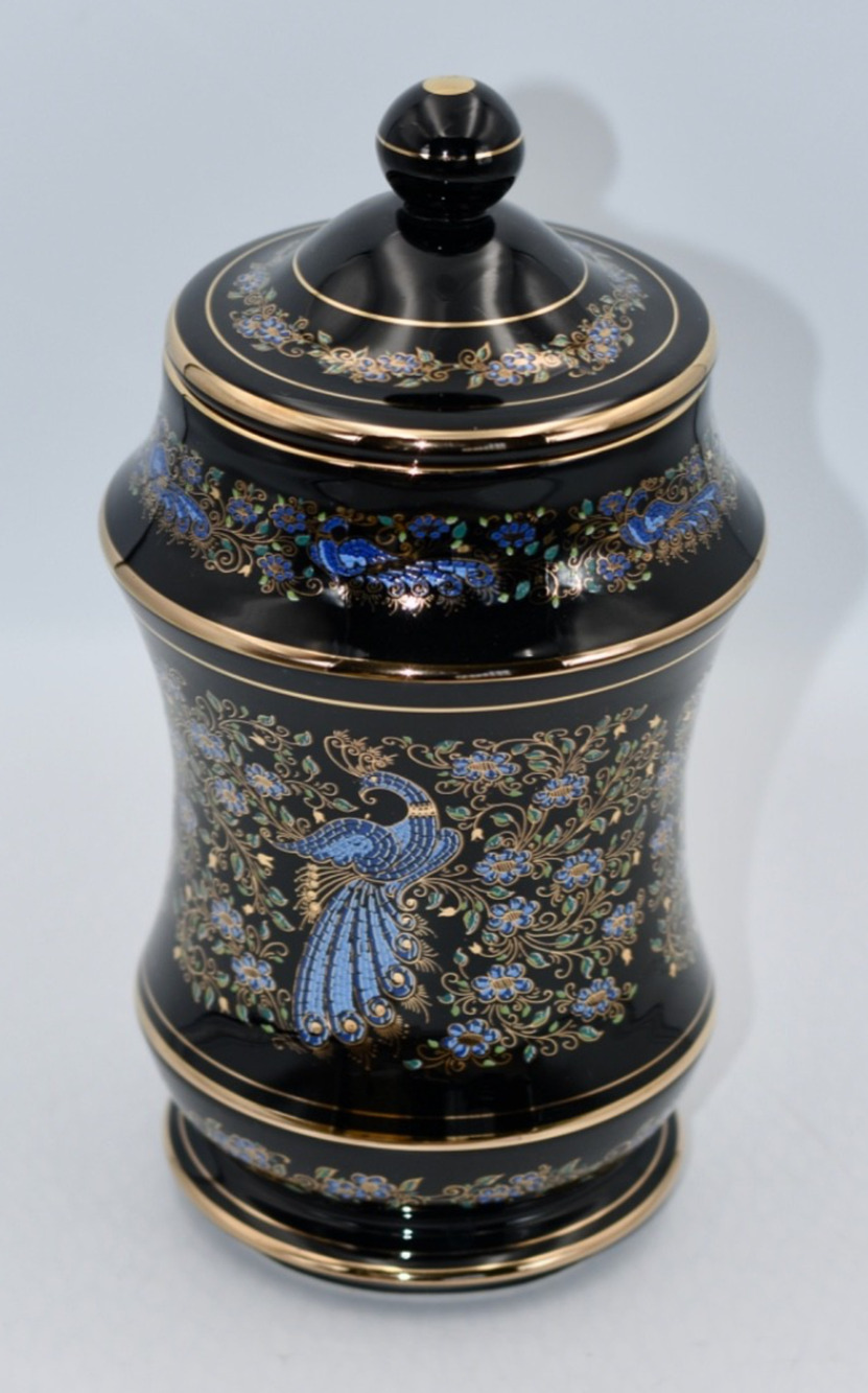 Anapale Greece Back Lidded Canister Jar 24k Gilded Hand Painted Peacock Birds
